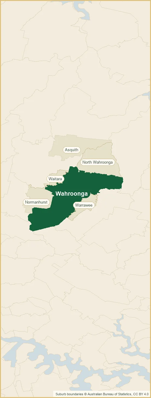 Map of the Wahroonga plumbing service area, with Wahroonga shaded and the surrounding suburbs marked: Asquith, Normanhurst, North Wahroonga and more